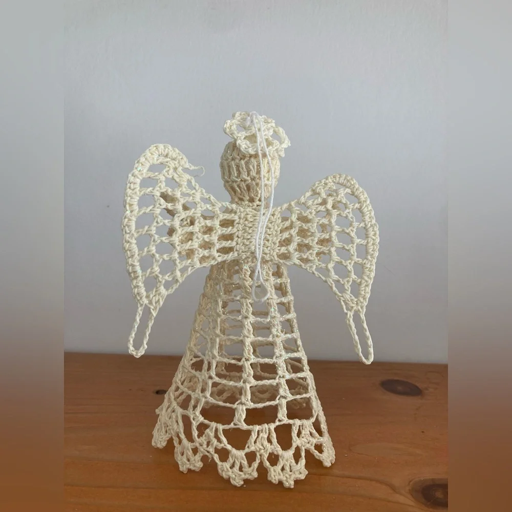 Vintage Crocheted Beige Starched Angel Tree Topper 6” Tall Handmade